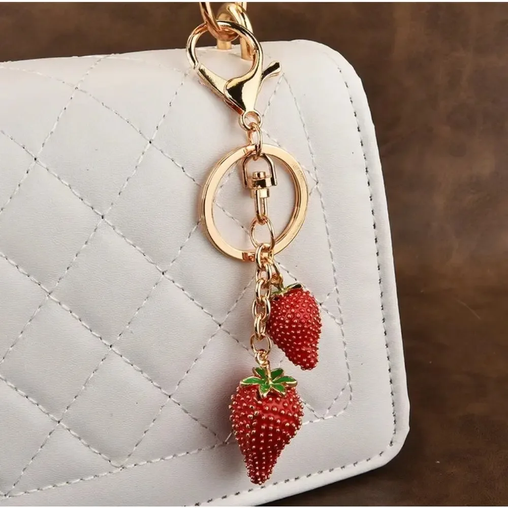 Cute Strawberry Bag Charm Gold Key Ring Purse Pendant Bling Fruit Keychain NWT